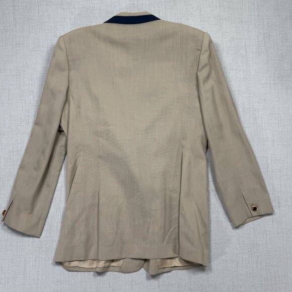 Vintage Oleg Cassini Skirt Suit Set Beige Navy Trim Pencil Straight Size 16 - Picture 2 of 16